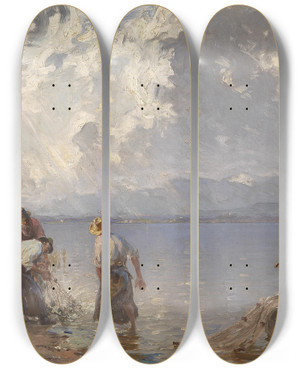 Triptych art skateboard deck of Joseph Wopfner Fischerfamilie Am Chiemsee by Joseph Wopfner (1843-1927) Triptych art skateboard deck of Joseph Wopfner Fischerfamilie Am Chiemsee by Joseph Wopfner (1843-1927)