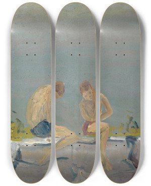 Triptych art skateboard deck of Ernst Schiess Bathing Boys On A Wall At A Lake by Ernst Schiess (1872-1919)