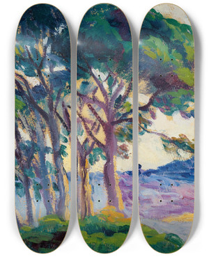 Triptych art skateboard deck of Maximilien Luce Pins Aux Cannebiers by Maximilien Luce (1858-1941)