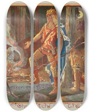Triptych art skateboard deck of Henry Justice Ford The Witch And The Prince by Henry Justice Ford (1860-1941)