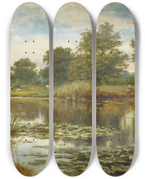 Triptych art skateboard deck of Benjamin Williams Leader Water Lillies by Benjamin Williams Leader (1831-1923)