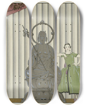 Triptych art skateboard deck of George Barbier Mademoiselle Spinelly Chez Elle by George Barbier (1882-1932)