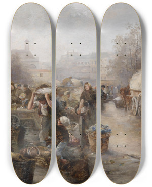 Triptych art skateboard deck of Emil Barbarini Markttag by Emil Barbarini (1855-1933)