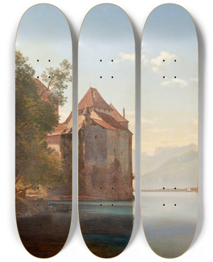 Triptych art skateboard deck of Janus La Cour Castle By Lake Geneva by Janus La Cour (1837-1909)
