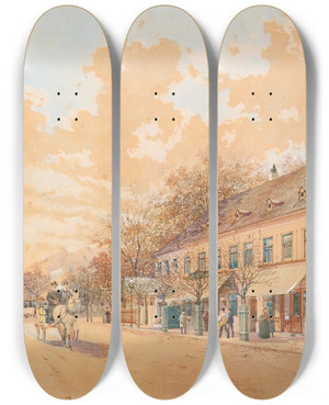 Triptych art skateboard deck of Richard Moser Hietzinger Hauptstrasse by Richard Moser (1874-1924)