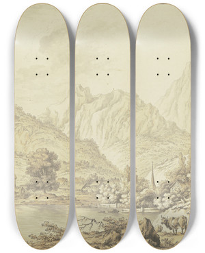 Triptych art skateboard deck of Daniel Dringer  Gebirgsdorf Mit Zwei Kirchtrmen An Einem See Gelegen by Daniel Duringer