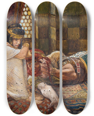 Triptych art skateboard deck of James Tissot Samson Reveals His Secret To Delilah by James Tissot (1836-1902)