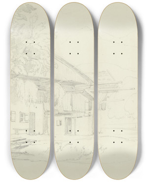 Triptych art skateboard deck of Fritz Bamberger Farmstead In Partenkirchen by Fritz Bamberger (1814-1873)