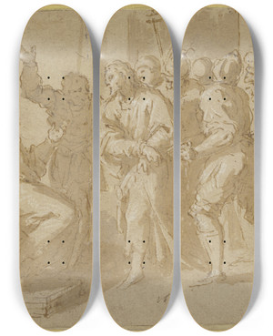 Triptych art skateboard deck of Jacopo Palma Il Giovane Christ Before Caiaphas by Jacopo Palma Il Giovane (1548-1628)