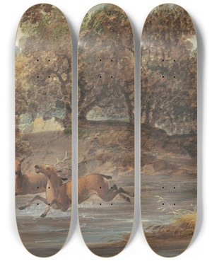 Triptych art skateboard deck of Joshua Shaw Landscape With Deernorth Carolina by Joshua Shaw (1776-1860)
