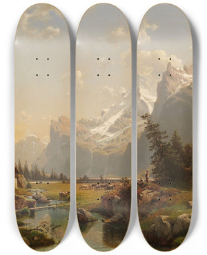 Triptych art skateboard deck of Johannes Bartholomus Duntze Das Gasterntal Im Berner Oberland by Johannes Bartholomaus Duntze (1823-1895)