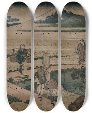 Triptych art skateboard deck of Katsushika Hokusai A View Of Mount Fuji And Travellers By A Bridge by Katsushika Hokusai (1760-1849)