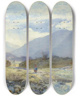 Triptych art skateboard deck of Alfred William Hunt Capel Curigwith Snowdon And The Glyders In The Distance North Wales by Alfred William Hunt (1830-1896)