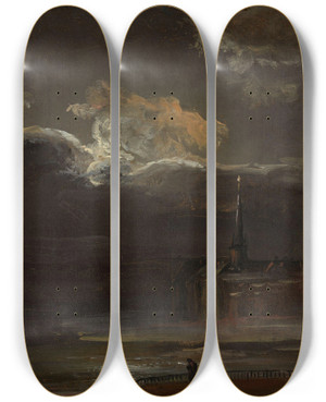 Triptych art skateboard deck of Johan Christian Dahl Dresden In Moonlight by Johan Christian Dahl (1788-1857)