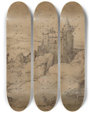 Triptych art skateboard deck of Matthys Cock Landscape With Castle Above A Harbor by Matthys Cock (1505-1548)