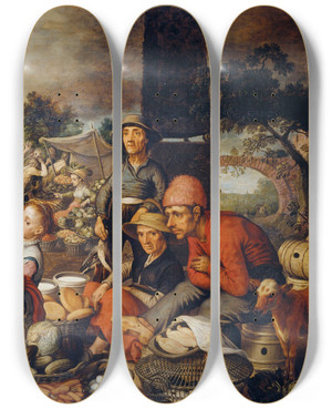 Triptych art skateboard deck of Pieter Aertsen Market Scene With Christ And The Adulteress by Pieter Aertsen (1508-1575)