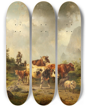 Triptych art skateboard deck of Edmund Mahlknecht Returning Home From The Alpine Pasture by Edmund Mahlknecht (1820-1903)