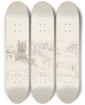 Triptych art skateboard deck of Johan Ludvig Lund Fra Palatin Med Kirke Rom by Johan Ludvig Lund (1777-1867)
