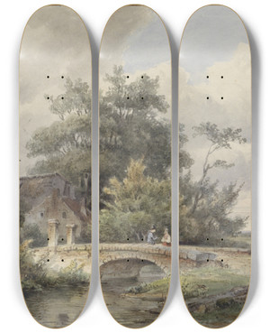 Triptych art skateboard deck of Barend Cornelis Koekkoek Landschap Met Stenen Brug Bij Een Huis by Barend Cornelis Koekkoek (1803-1862)