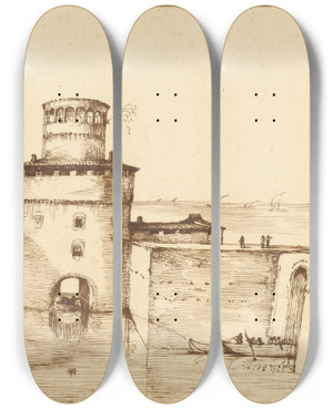 Triptych art skateboard deck of Guercino Landscape With A View Of A Fortified Port by Guercino (1591-1666)