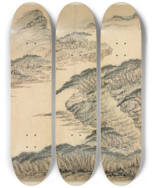 Triptych art skateboard deck of Mei Qing Landscapes In Various Styles After Old Masters 7 by Mei Qing (1623-1697)