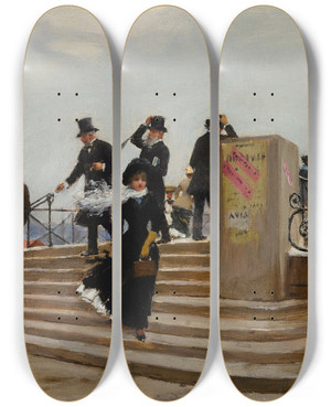 Triptych art skateboard deck of Jean Braud Le Pont Des Arts Par Grand Vent by Jean Beraud (1849-1935)