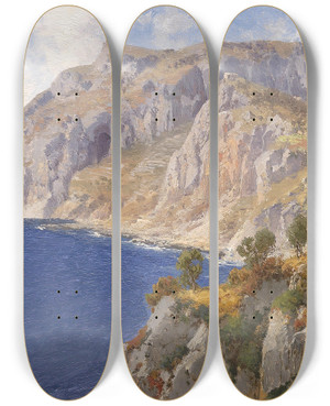 Triptych art skateboard deck of Joseph Schoyerer Blick Auf Capri by Joseph Schoyerer (1844-1923)