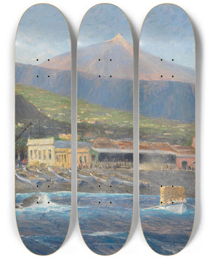 Triptych art skateboard deck of Hans Bohrdt Blick Vom Meer Aus Auf Pozo De Martianez Puerto Orotava Tenerife by Hans Bohrdt (1857-1945)
