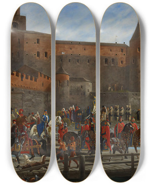 Triptych art skateboard deck of Severin Falkman Karl Knutson Bonde Leaving Vyborg Castle For The Royal Election In Stockholm 1448 by Severin Falkman (1831-1889)
