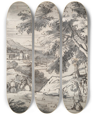 Triptych art skateboard deck of Circle Of Adam Van Der Meulen Landscape With Travelers And City In Thedistance by Circle of Adam van der Meulen, (1632-1690)