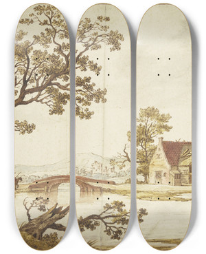 Triptych art skateboard deck of Aernout Ter Himpel Bauernhof Bei Einer Steinernen Brcke Ber Welche Ein Reiter In Rotem Mantel Begleitet Von Einem Hund Reiten Will by Aernout Ter Himpel (1634-1686)