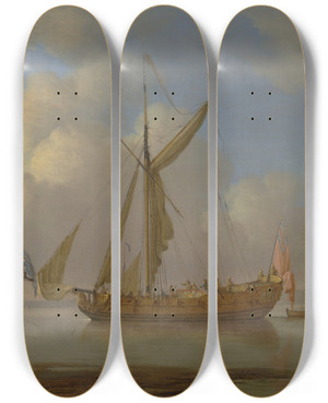 Triptych art skateboard deck of Peter Monamy Royal Yacht Becalmed At Anchor by Peter Monamy (1681-1749)