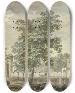 Triptych art skateboard deck of Hermanus Numan Stadttor Mit Trmchen Im Sommer Eine Lange Brcke Fhrt Ber Den Kanal Nach Einer Allee In Der Eine Equipage Fhrt by Hermanus Numan (1744-1820)