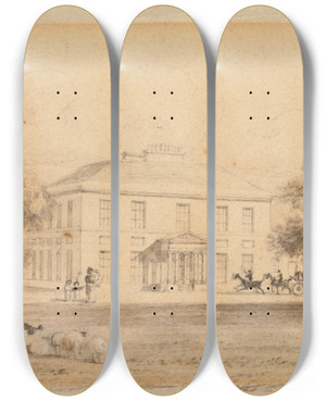 Triptych art skateboard deck of John Preston Neale Gaunts House Wimborne by John Preston Neale