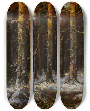 Triptych art skateboard deck of Julius Sergius Klever Forest In Winter by Julius Sergius Klever (1850-1924)