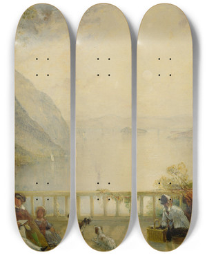 Triptych art skateboard deck of Thomas Creswick Figures On A Balcony Probably At Westpoint by Thomas Creswick (1811-1869)