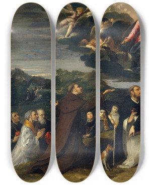 Triptych art skateboard deck of Scarsellino The Virgin Adored By Saints by Scarsellino (1550-1620)