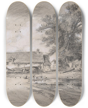 Triptych art skateboard deck of Jules Dupr Farmyard With Ducks by Jules Dupre (1811-1889)