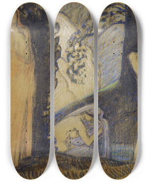Triptych art skateboard deck of Ludwig Von Hofmann Zwei Frauen Und Ein Jngling Im Bade by Ludwig Von Hofmann (1861-1945)