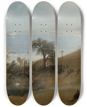 Triptych art skateboard deck of Albert Bierstadt Study For Entrance Into Monterey by Albert Bierstadt (1830-1902)