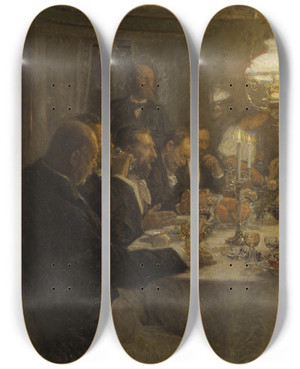 Triptych art skateboard deck of Viggo Johansen An Artists Gathering by Johansen Viggo (1851-1935)