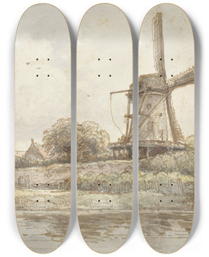 Triptych art skateboard deck of Arnoldus Johannes Eymer Molen Op Stadswal by Arnoldus Johannes Eymer (1803-1863)