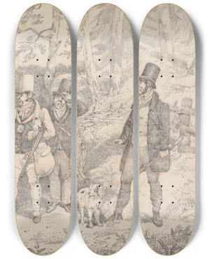 Triptych art skateboard deck of Henry Thomas Alken Sporting Anecodotes Drawing For The Softgound Etching Of The Sporting Butcher by Henry Thomas Alken (1785-1851)