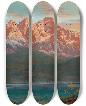 Triptych art skateboard deck of Rudolf Reschreiter Fhnabend Eibsee Mit Zugspitze by Rudolf Reschreiter (1868-1939)