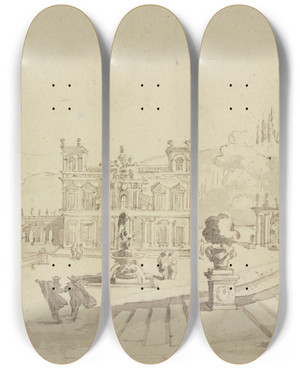 Triptych art skateboard deck of Johann Wilhelm Baur Lusthof Zu Livorno Des Groherzogs Von Florenz by Johann Wilhelm Baur (1607-1640)