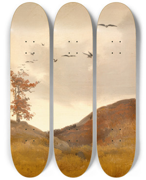 Triptych art skateboard deck of Karl Friedrich Lessing Landscape With Crows by Karl Friedrich Lessing (1808-1880)