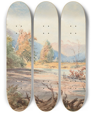 Triptych art skateboard deck of Nicholas Chevalier Upukerora River by Nicholas Chevalier (1828-1902)