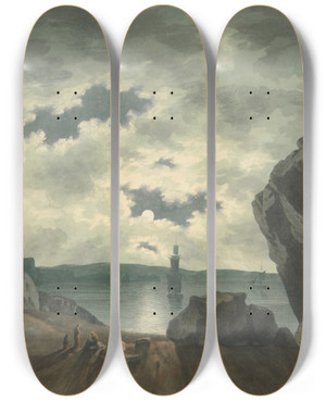 Triptych art skateboard deck of John Warwick Smith Bay Scene In Moonlight by John Warwick Smith (1749-1831)