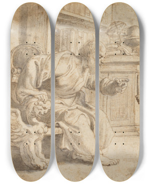 Triptych art skateboard deck of Peter Paul Rubens Putti Testing A Mans Perception Of Depth by Peter Paul Rubens (1577-1640)