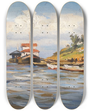 Triptych art skateboard deck of Manuil Khristoforovich Aladzhalov Sunny Day On The Volga by Manuil Khristoforovich Aladzhalov (1862-1934)